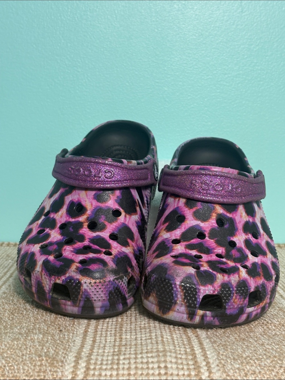 CROCS Kids Purple Leopard Print Clog with Glitter Strap. Croslite Foam. Size-J 2